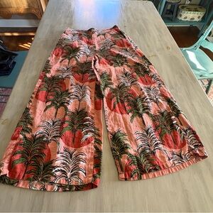 Nicole Miller tropical Hawaiian 100% linen wide leg pull on pants size Medium